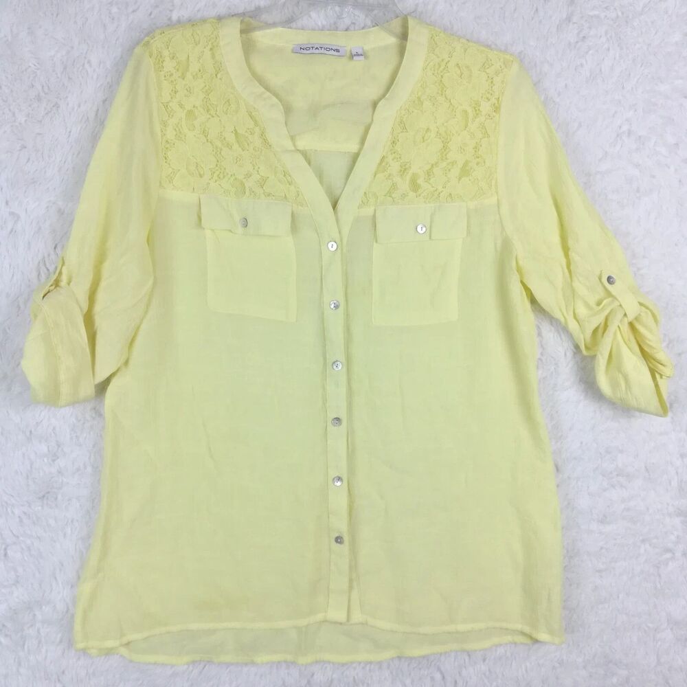 Notations Womens Shirt Button Down Draping Roll Tab Sleeve Yellow Floral Small S